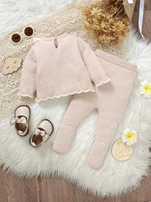 SHEIN Newborn Baby Ruffled Collar Sweater And Knitted Pants Casual Outfit Set - Apricot - View 2