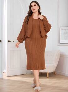 Modelyn Plus Size Elegant Solid Color Long Sleeve Cardigan And Sleeveless Knit Dress Set 2 Pieces Set - Camel - View 4