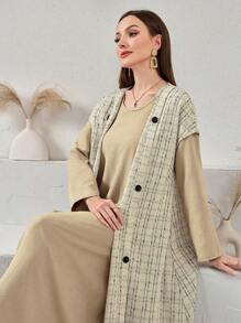 Al Najma Women's Plaid Double Breasted Long Coat And Round Neck Loose Casual Midi Dress 2 Pieces Outfit, Autumn/Winter