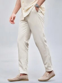 Mainfolk Men's Woven Slim-Fit Casual Long Mid-Rise Straight Leg Pants, Suitable For Daily Wear - Apricot - View 1