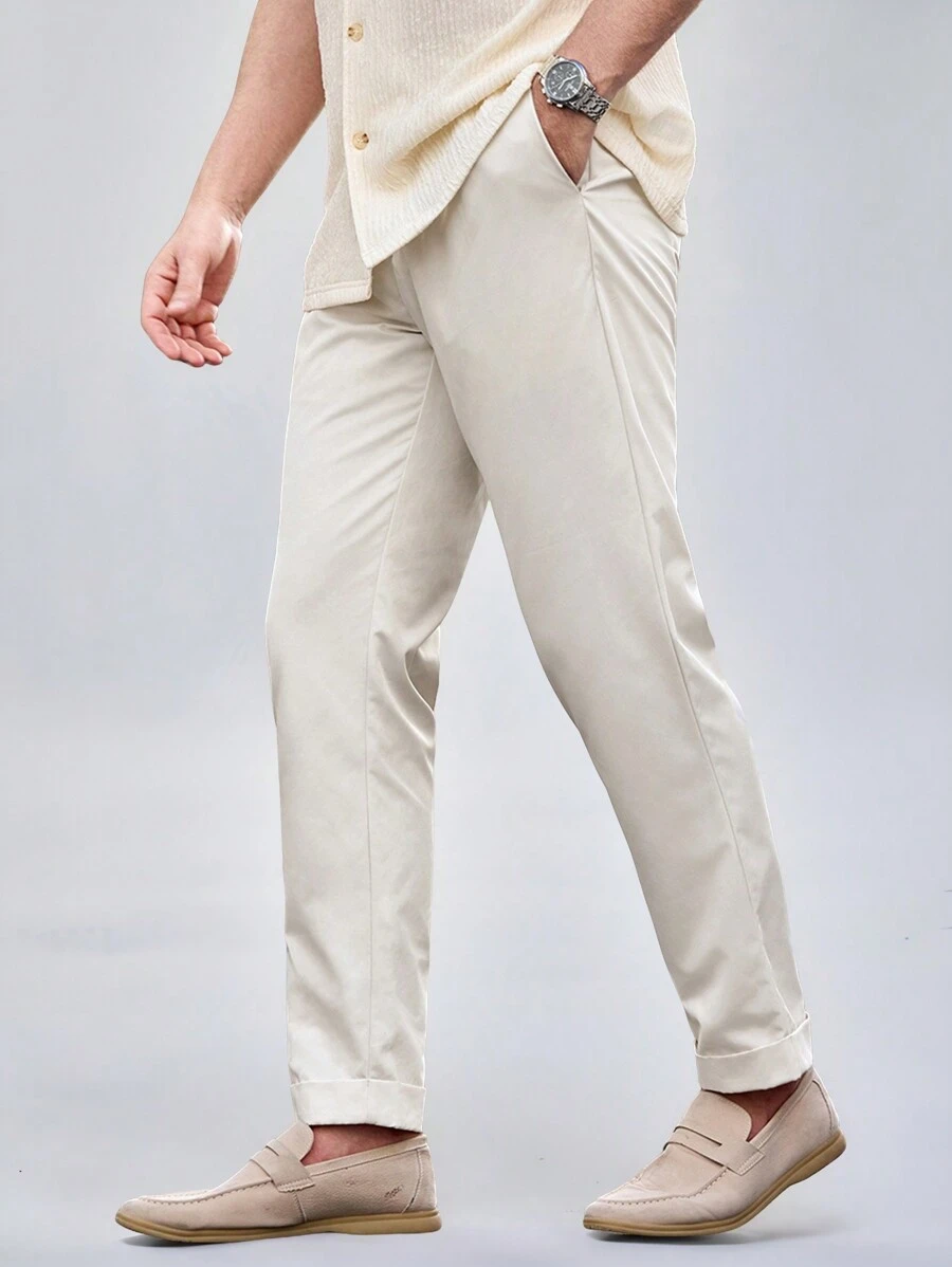 Mainfolk Men's Woven Slim-Fit Casual Long Mid-Rise Straight Leg Pants, Suitable For Daily Wear - Apricot - View 1
