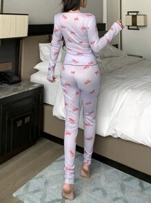 DAZY 扎染蝴蝶结图案印花撞色边修身睡衣套装秋冬 - 紫色 - 查看 2