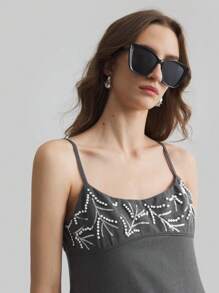 Ontre Grey Beaded Embroidery Sleeveless Dress, New Year & French Style Long Linen Slip Dress, Women's Long Dress, Grey Bead Embellished Sleeveless Dress For Autumn & Winter Clothing And Party Dress