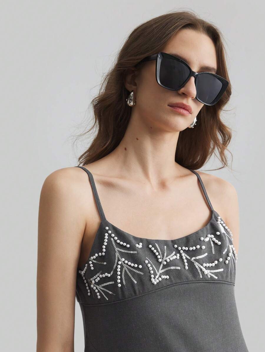 Ontre Grey Beaded Embroidery Sleeveless Dress, New Year & French Style Long Linen Slip Dress, Women's Long Dress, Grey Bead Embellished Sleeveless Dress For Autumn & Winter Clothing And Party Dress