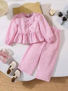 SHEIN LMoss Kids LMoss Young Girl 2pcs Young Girl Woven Striped Blouson Sleeve Loose Casual Blouse Andwide Leg Pants Sets,Bow Blouse, Great For Casual & Daily Wear - Pink - View 2