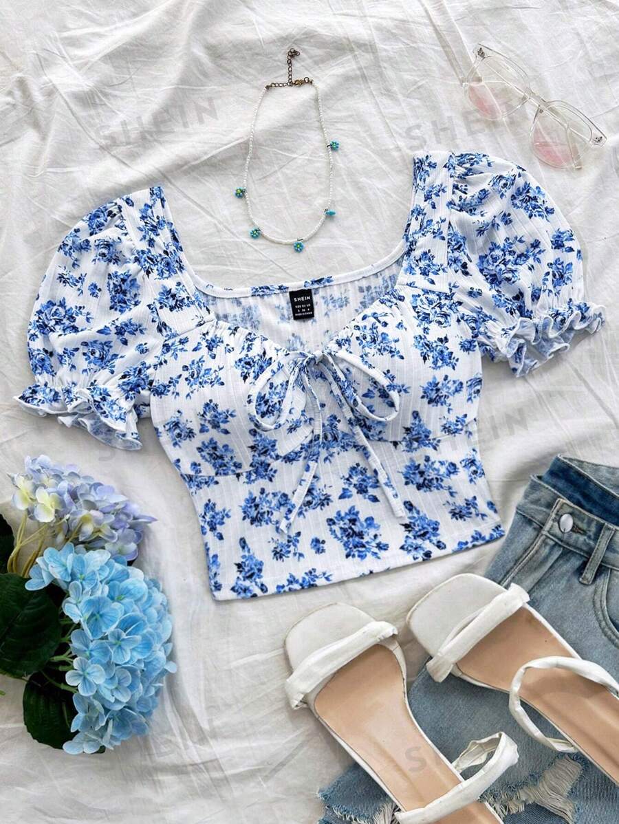 Soleia Top crop pentru damă, cu imprimeu floral, cu mâneci bufante, cu mâneci bufante, cu închidere în față cu fundă, haine pentru femei de Ziua Recunoștinței, top de vacanță, haine de Revelion, stil pastoral romantic, ținute de Ziua Îndrăgostiților