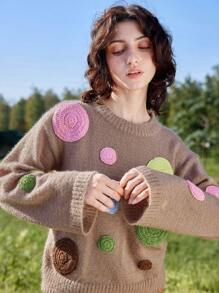 SHEIN Unity Brown Vintage Embroidery Circle Pattern Women Long Sleeve Sweater Cute Outfits 3D Floral Design - Brown - View 3