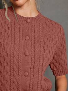 WESTFADE 夏季麻花针织圆领前扣短袖休闲开衫