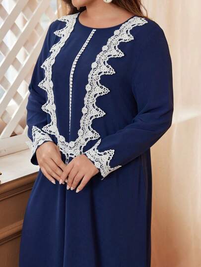 Al Najma 全新编织纯蓝色对比蕾丝长裙，端庄长袖阿拉伯连衣裙，适合大码女士