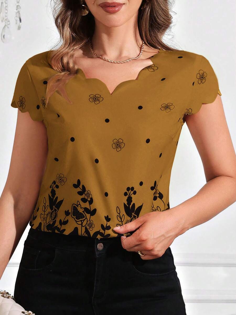 SHEIN Clasi Retro Ruffled Collar Floral Print Short Sleeve Blouse - Camel - View 1