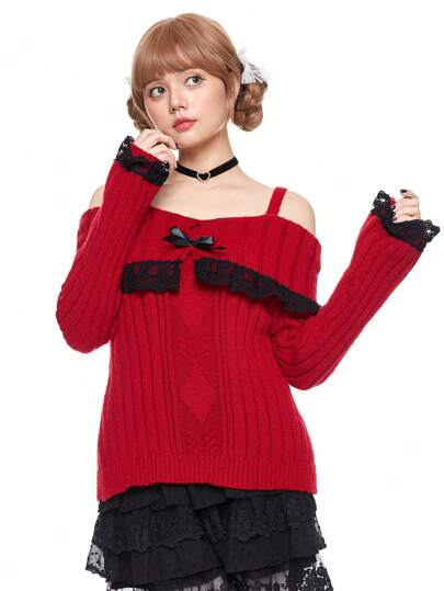 Kawaii Jersey de cuello alto con hombros abiertos, decorado con encaje y lazo, de manga larga para mujer, para otoño/invierno