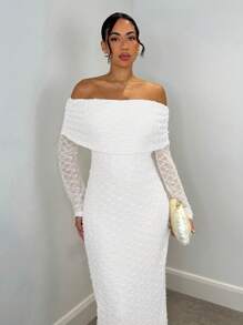 SHEIN BAE Váy dài tay ôm vừa vặn vải jacquard hở vai màu mơ, thích hợp cho những buổi hẹn hò lãng mạn và kỳ nghỉ - trắng - Xem 3