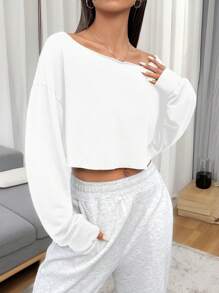 INAWLY T-shirt Court Décontracté À Épaule Basse Et Couleur Unie Pour Femme