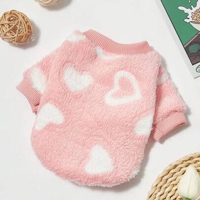 PETSIN 1 pieza Suéter de cuello redondo rosa de franela con estampado de corazones y estrellas, universal para mascotas perros y gatos