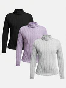 SHEIN adolecent Girl Pull col roulé en tricot doux et polyvalent de couleur unie, achetez-en 1 et obtenez-en 2, Top à manches longues