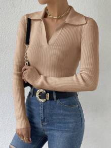 SHEIN Unity 1 pieza Suéter de mujer de unicolor de manga larga, ajustado y con textura, suéter de punto de otoño/invierno - Camel - Ver 3