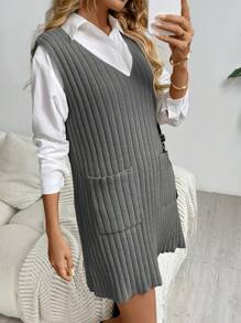 SHEIN LUNE Váy len dệt kim cổ chữ V không tay màu trơn đơn giản cho nữ, mùa thu/đông - Xám - Xem 6