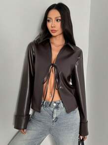 Chiquease Women's Simple Elegant Fashion Sexy Tie Front Faux Leather Jacket, Suitable For All Seasons - Black - View 5