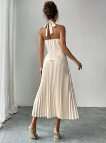 SHEIN Unity 2pcs Set: Criss-Cross Halter Vest Top With Classic Pleated A-Line Skirt - Apricot - View 2