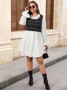SHEIN Clasi Conjunto de 2 piezas de top de tirantes y vestido de talla grande elegante con contraste de color tweed - Blanco y Negro - Ver 1