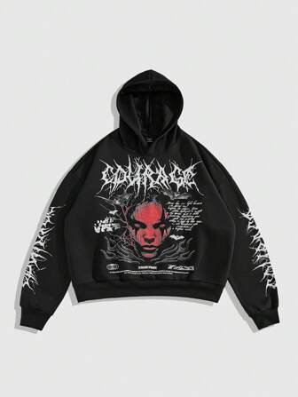 Grunge Punk Sudadera con capucha holgada y corta con estampa de logotipo y personajes para hombre