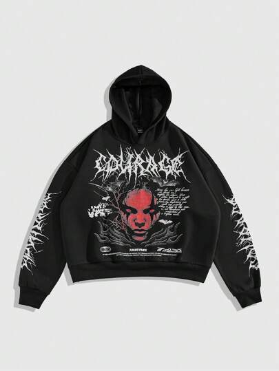 Grunge Punk Men's Logo & Character Print Loose Oversized Short Style Hoodie Sweatshirt