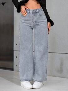 SHEIN PETITE Plain Pocket Casual Versatile Straight-Leg Jeans