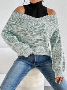 SHEIN LUNE Women's Casual Open Shoulder Pullover 2 In 1 Sweater, Minimalist Design For Daily Wear Knit Pullover Fall Winter