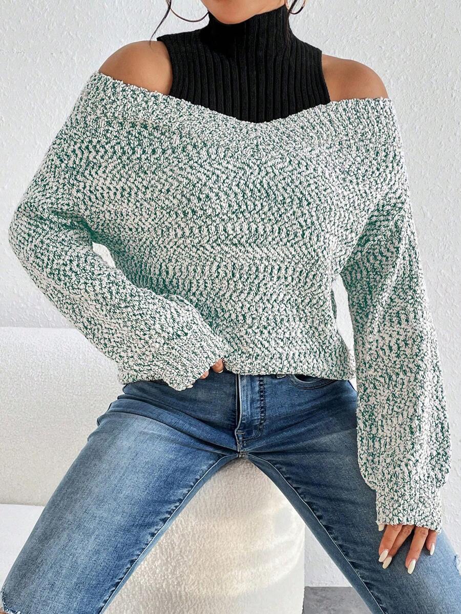 SHEIN LUNE Women's Casual Open Shoulder Pullover 2 In 1 Sweater, Minimalist Design For Daily Wear Knit Pullover Fall Winter