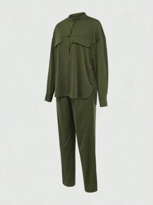 INAWLY Conjunto de 2 piezas para mujeres: Blusa de botones de manga larga con hombros caídos y pantalones de un solo color, conjunto informal de otoño