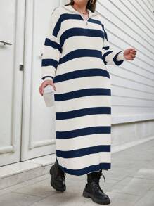 EURMUSE Plus Size Women's Autumn Striped Drop Shoulder Long Sleeve Zip Half-Placket Long Sweater Dress - Navy Blue - View 6