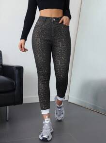 SHEIN ICON Fashionable Leopard Print Slim Fit Denim Jeans - Multicolor - View 5