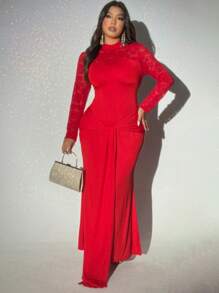Viva Relle 大码女式派对礼服撞色蕾丝紧身长袖连衣裙新年服装长款女式服装 - 紅色 - 查看 3