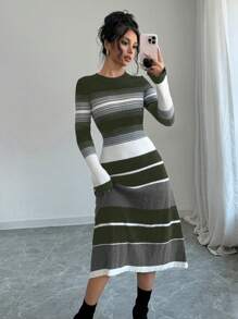 Elenzga Women Striped Contrast Color Round Neck Long Sleeve Flared Dress