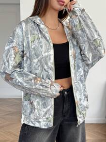 SHEIN Sudadera con capucha y bolsillo con estampado de ramitas verdes para adolescentes, sudadera de moda de con estampado all-over