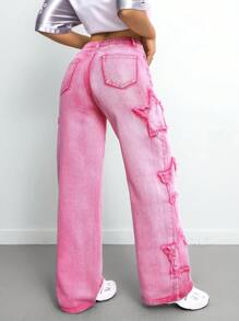 SHEIN Tall Women's Jeans Raw Edge Star Pattern Denim Blue Loose Straight Leg Pants Back To School Fall Women Clothes Women Bottoms Mid Rise Jeans Straight Leg Jeans Y2k Jeans Straight Jeans First Day Of School Women Jeans - Pink - View 2