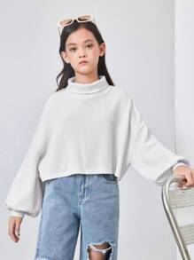 SHEIN Tween 女童柔软针织宽松短款高领长袖套头毛衣 - 白色 - 查看 1