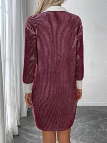 SHEIN LUNE 2024 Autumn/Winter Women Striped Polo Collar Split Knitted Straight Casual Dress Fall Cloth For Women - Burgundy - View 2