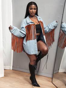 SHEIN Slayr Women's Fashionable Color Block Fringe Decorated Denim Jacket For Autumn - Blue - View 4