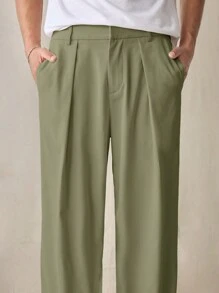 SWAVVY Men's Woven Casual Everyday Solid Color Elastic Waist Straight Leg Pants, Fall - Green - View 3