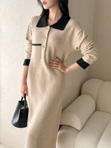 DAZY 女式高领长袖拼色长款毛衣连衣裙，秋冬款 - 杏色 - 查看 1