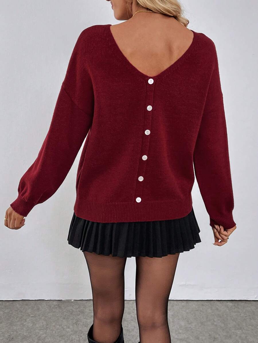 SHEIN Clasi Women's Elegant Open Back Oversized Crew Neck Long Sleeve Sweater, Autumn/Winter Knit Pullover Fall - Burgundy - View 1
