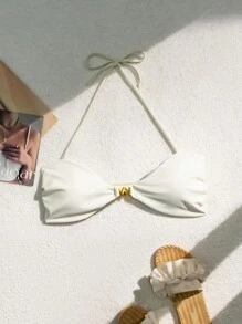 Women's Ivory Minimalist Shell Pattern Sexy Halter Neck Bow Bikini Top Summer - White - View 1