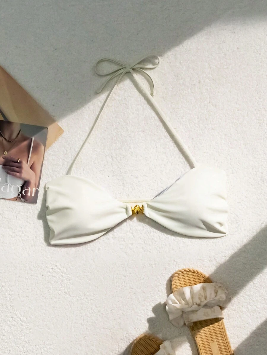 Women's Ivory Minimalist Shell Pattern Sexy Halter Neck Bow Bikini Top Summer - White - View 1