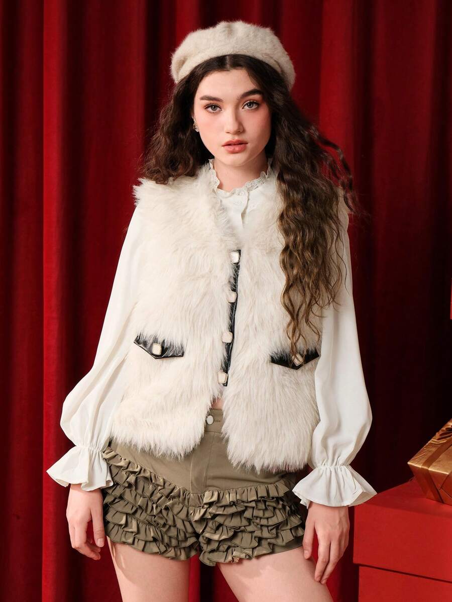 SHEIN MOD V-Neck Sleeveless PU Contrast Apricot Fluffy Jacket,White Fur Coat,Fluffy Coat,Winter Women Coat,Winter Women Clothes
