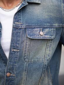 Manfinity Homme Men's Autumn Long Sleeve Pocket Turndown Collar Washed Denim Jacket - Dark Wash - View 6