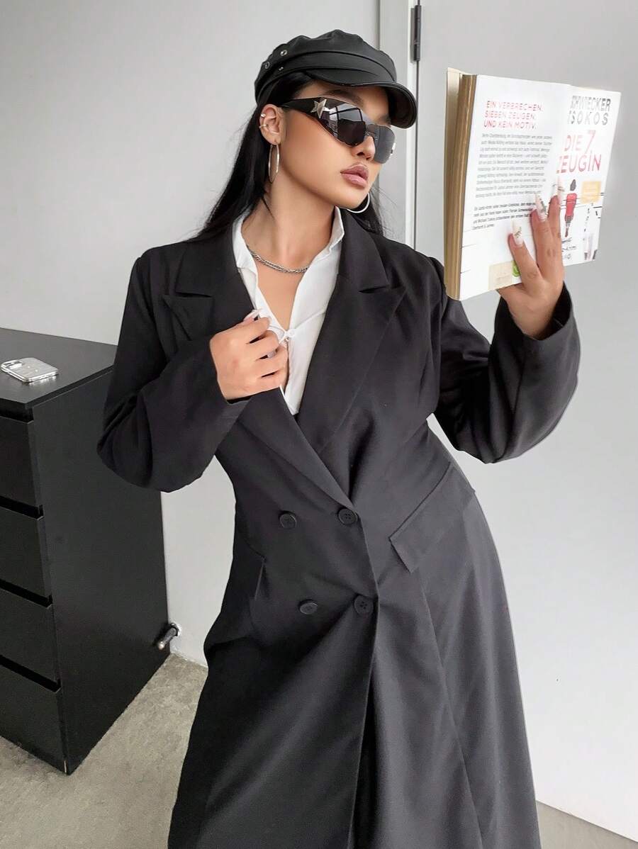 Flirla Plus Size Women's Elegant Simple Solid Black Long Suit Blazer For Commuting Fall Cloth For Women - Black - View 1