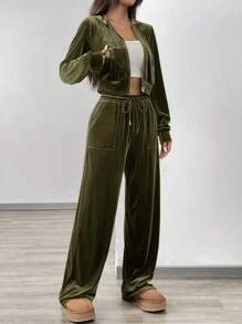 SHEIN EZwear Set de 2 piezas compuesto por chaqueta con capucha con cremallera de terciopelo de punto verde y pantalones con cordón para mujer