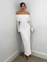 SHEIN BAE Vestido de manga comprida com estampa de jacquard texturizado e ombros abertos, slim fit, adequado para encontros românticos e férias