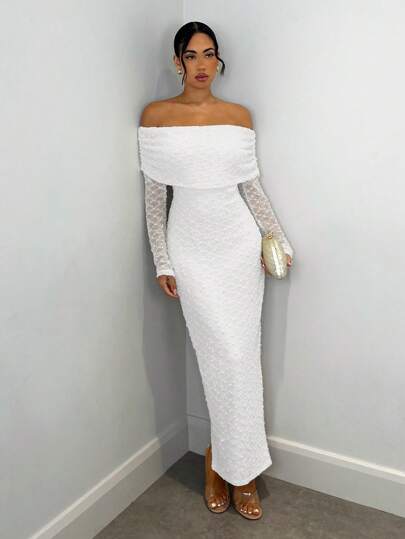 SHEIN BAE Apricot Open Shoulder Textured Jacquard Fabric Long Sleeve Slim Fit Dress, Suitable For Romantic Dates And Vacations,White Graduation Dress